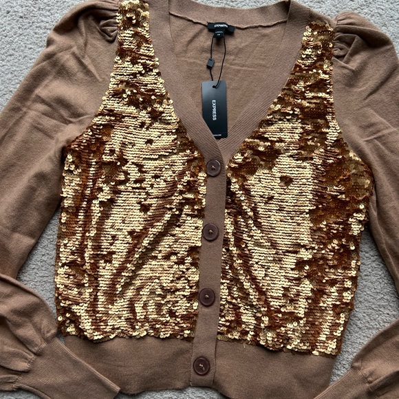 NWT Express Women's Sequin Long Sleeve Button Front Cardigan Sweater Top XS Gold - Picture 10 of 15